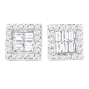 14k White Gold 1ct TDW Round and Baguette( Diamond Stud Earrings(H-I,SI1-SI2)