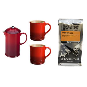 French Press & Mug Set Cherry/KC Blend Coffee Grounds